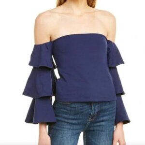 Susana Monaco Top Ruffle Sleeves Off Shoulder Inkwell Blue Long Sleeve Casual